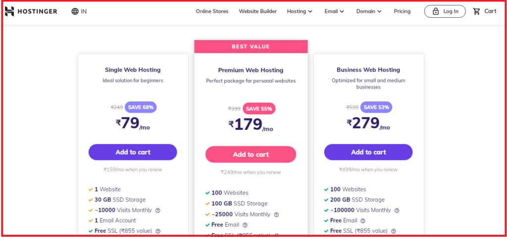 Hostinger Shared Hosting Plans in Hindi